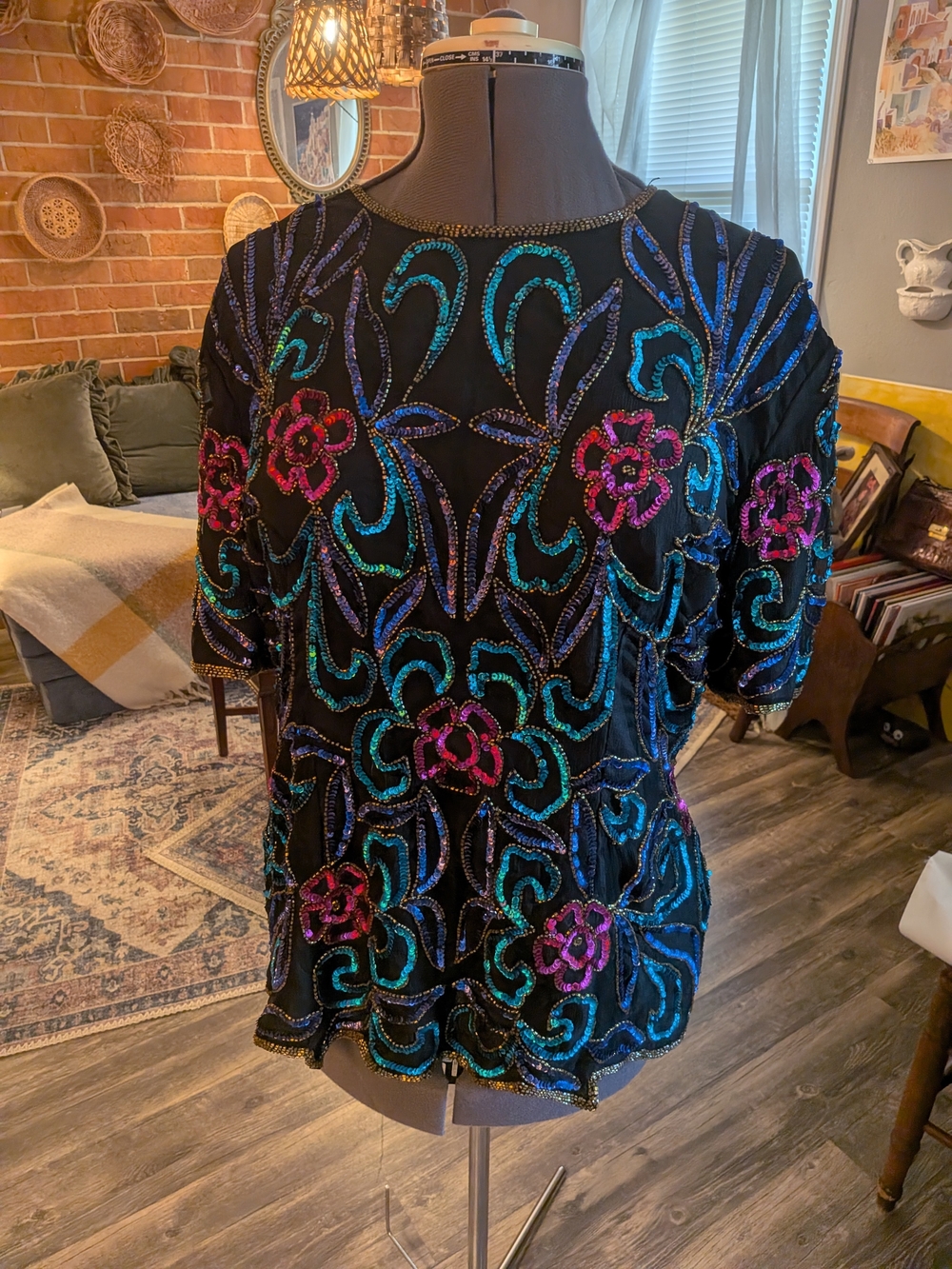 Papell Boutique Black Evening Top with Turquoise and Pink Beaded Motif